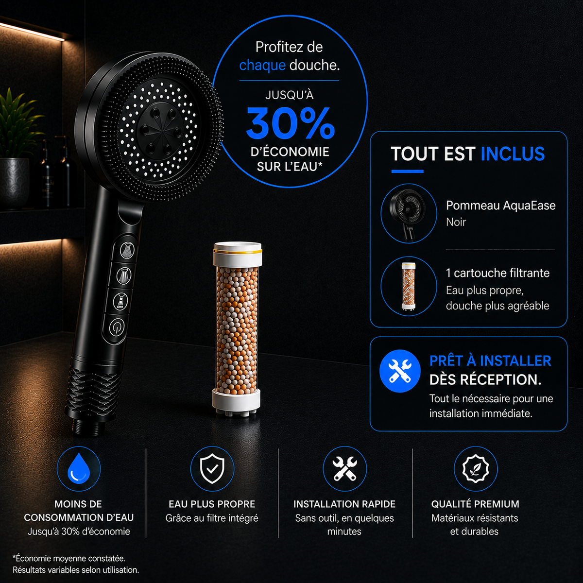 AquaEase™ - Pommeau de douche filtrant, jusqu'à 30% d'économie d'eau